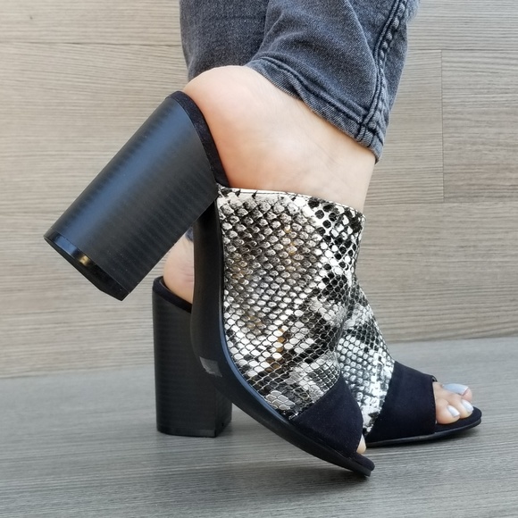 Snake Print Open Toe Slip on Chunky High Heel - Picture 4 of 8